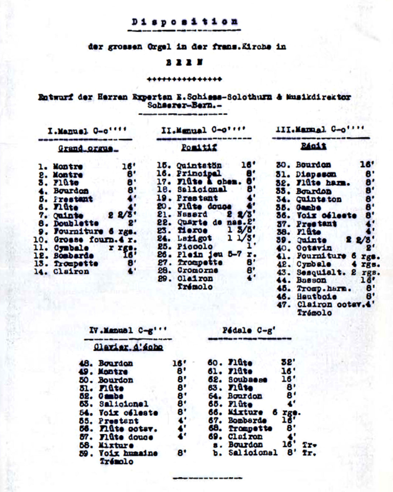 Disposition Kuhn 1933; (4. Manual = Chororgel Goll 1913). 