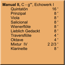 Manual II, C - g''', Echowerk I 	Quintatön	16 '	Prinzipal	8 '	Viola	8 '	Salicional	8 '	Wienerflöte	8 '	Lieblich Gedackt	8 '	Traversflöte	4 '	Oktave	4 '	Mixtur  IV	2 2/3 ' 	Klarinette	8 '