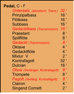 Pedal, C - f' 	Untersatz, (akustisch, Trans.)	32 ' 	Prinzipalbass	16 ' 	Flötbass	16 ' 	Subbass	16 ' 	Gedacktbass (Transmission)	16 ' 	Praestant	8 ' 	Spillflöte	8 ' 	Gedackt (Transmission)	8 ' 	Oktave	4 ' 	Gedacktflöte	4 ' 	Mixtur  V	2 ' 	Kontrafagott	32 ' 	Dulcian	16 ' 	Oboe (Verlänger. Kontrafagott)	8 ' 	Trompete	8 ' 	Fagott (Verläng. Kontrafagott)	8 ' 	Clairon	4 ' 	Singend Cornett	2 '